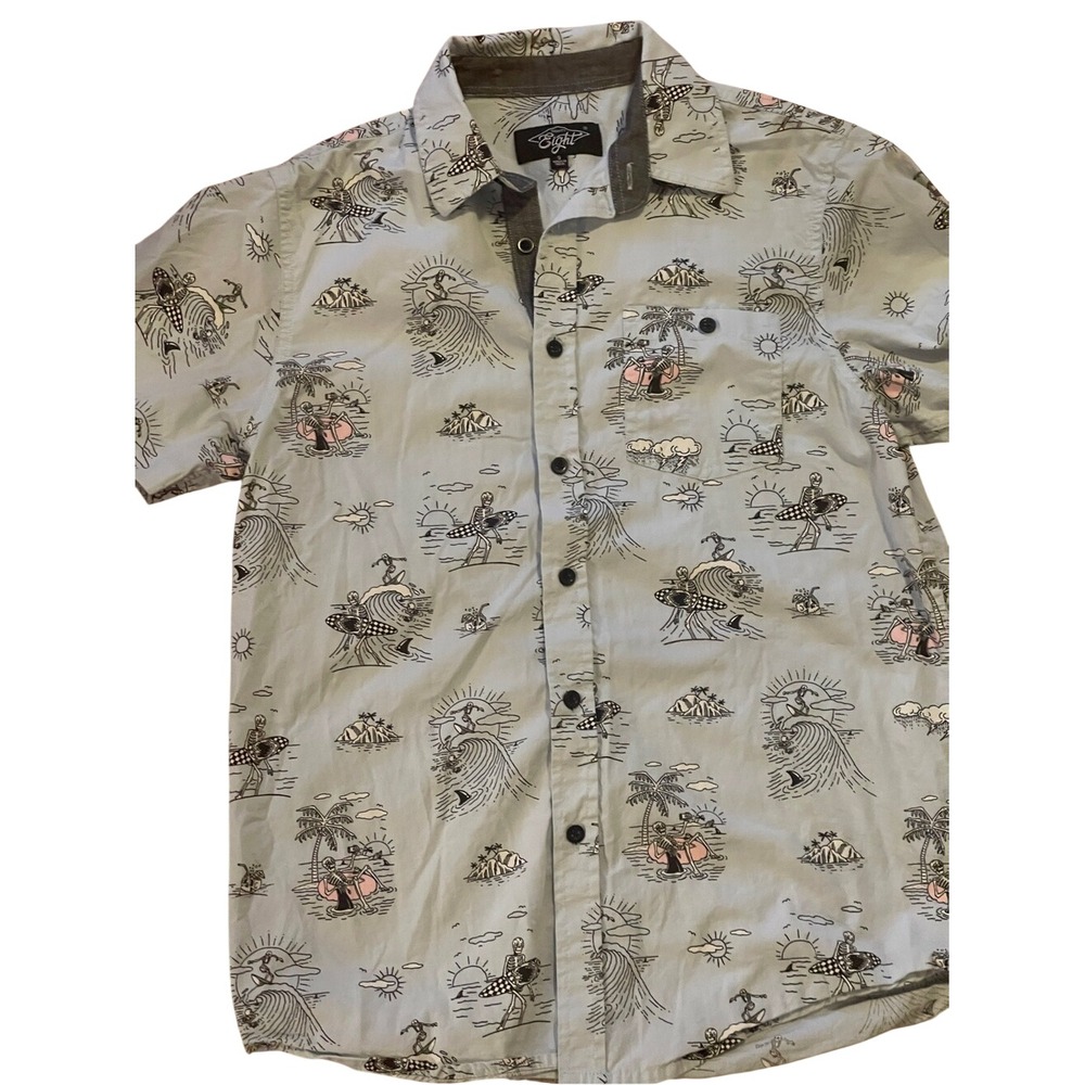 Eighty Eight Mens Small Skeleton Surfing Graphic Button Down Shirt Light Blue